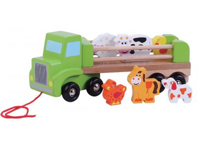 Bild zu Bauernhof-LKW aus Holz mit 6 Bauernhoftieren mit Schnur