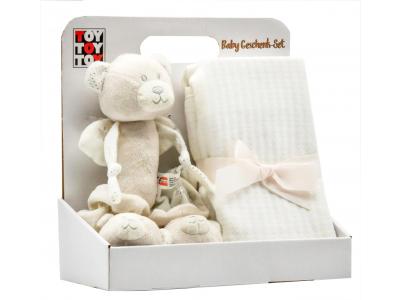 Bild zu Baby Geschenk mit Babydecke Rasselschuhe Stabrassel Teddybär beige