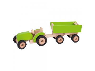 Bild zu goki - Traktor grün mit Anhänger aus Holz und echter Gummibereifung