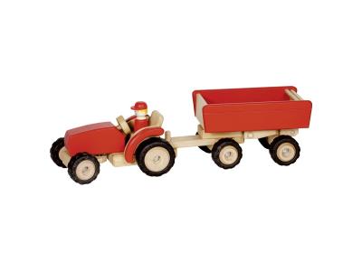 Bild zu goki - Traktor rot mit Anhänger aus Holz und echter Gummibereifung