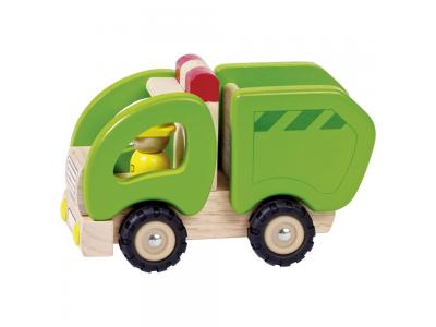 Bild zu goki - Müllwagen grün aus Holz mit echter Gummibereifung
