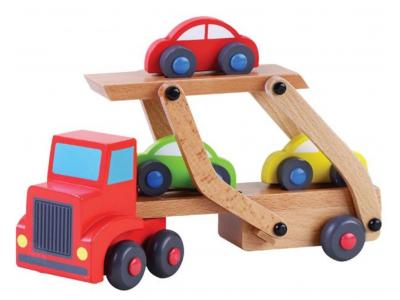 Bild zu LKW Autotransporter Holzspielzeug  mit 3 Autos ab 18 Monate