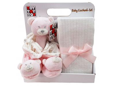 Bild zu Baby Geschenk mit Babydecke Rasselschuhe Stabrassel Teddybär rosa