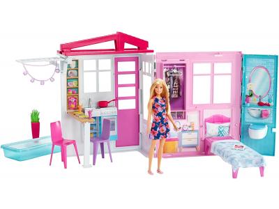 Bild zu Barbie Ferienhaus Puppenhaus mit Puppe Möbel Zubehör - tragbar