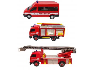 Bild zu 3 Stk Feuerwehrautos Die-Cast Drehleiter Löschwagen Feuerwehr-Bus 1:64