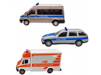 Bild zu 3 Stk Einsatzfahrzeuge Die-Cast Polizeiauto Polizeibus Rettung 1:60