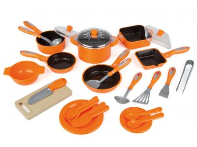 Bild zu 28 tlg Kochtopf Set für Spielküche Töpfe Pfannen Bräter viel Zubehör orange
