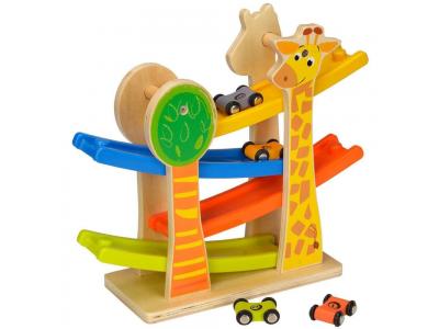 Bild zu Kugelbahn Giraffe Rollbahn aus Holz mit 4 Autos