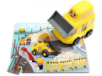 Bild zu Top Bright Holzpuzzle Puzzle Baustelle mit Baufahrzeug Bagger 24 Teile