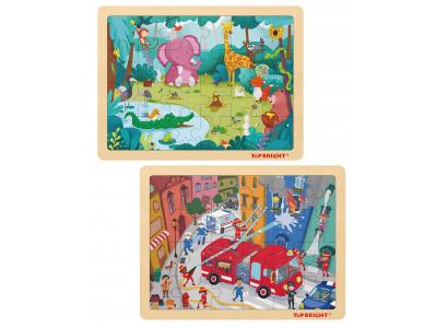 Bild zu Holzpuzzle 2er Set Topf Bright Puzzle Tiere Zoo und Feuerwehr 48 Teile