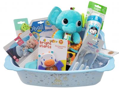 Bild zu VIP Geschenk zur Geburt Geschenkkorb Taufgeschenk im Trittschemel blau Junge