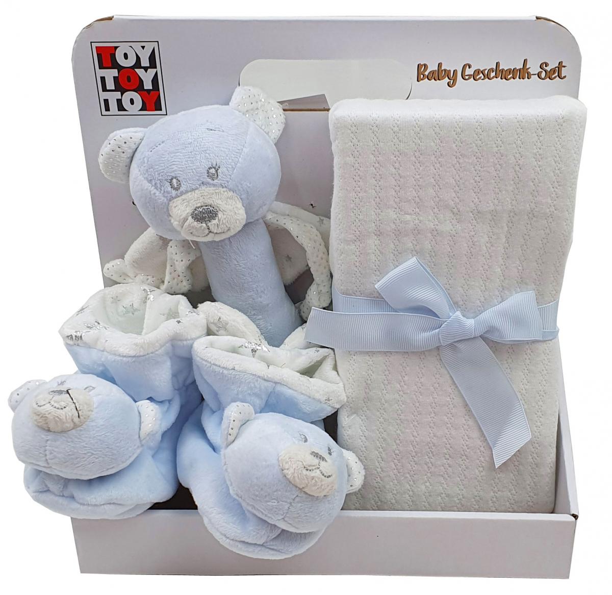 Preissturz » Baby Geschenk mit Babydecke Rasselschuhe Stabrassel Teddybär  blau | Gutes günstiger
