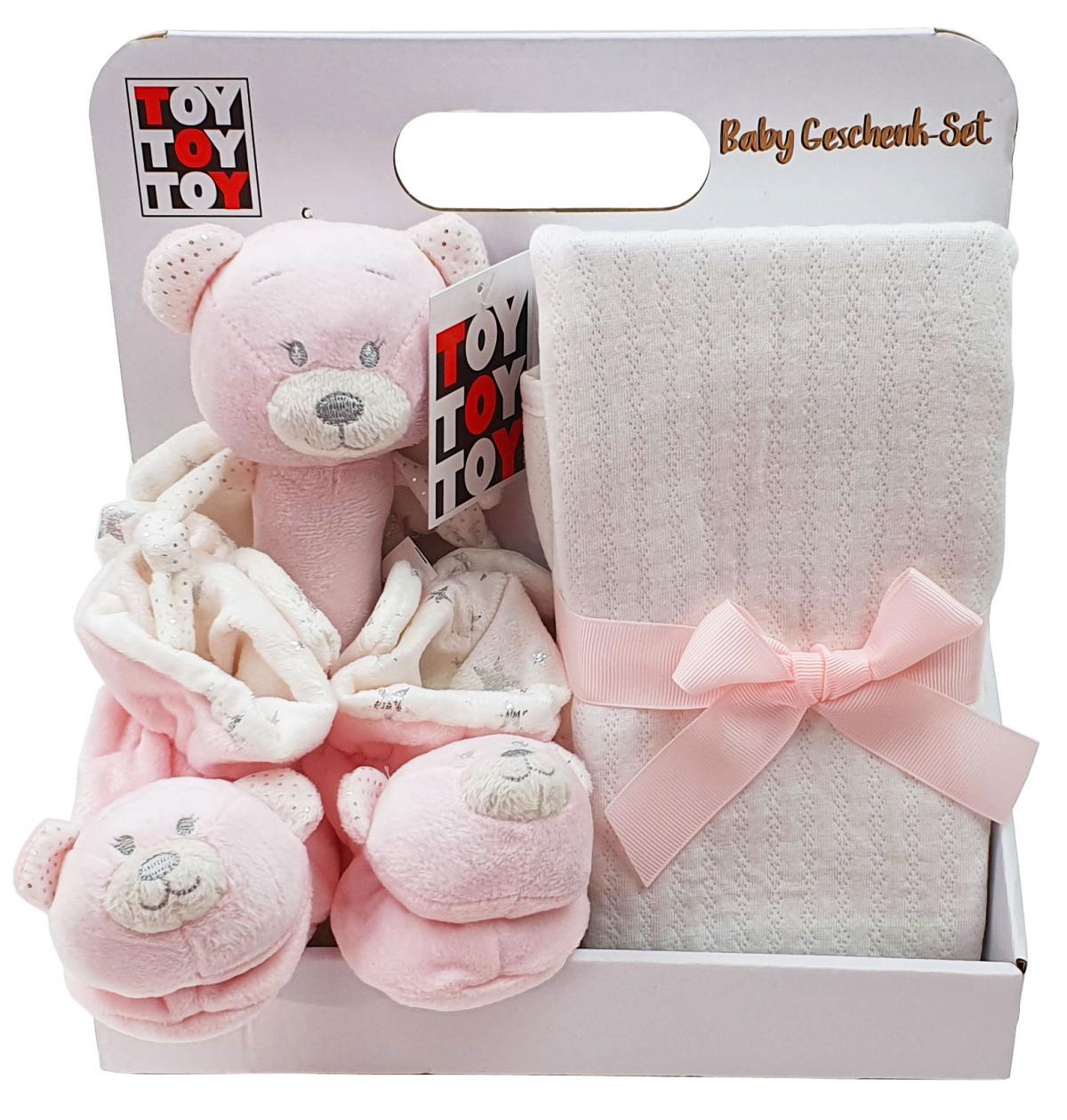 Preissturz » Baby Geschenk mit Babydecke Rasselschuhe Stabrassel Teddybär  rosa | Gutes günstiger